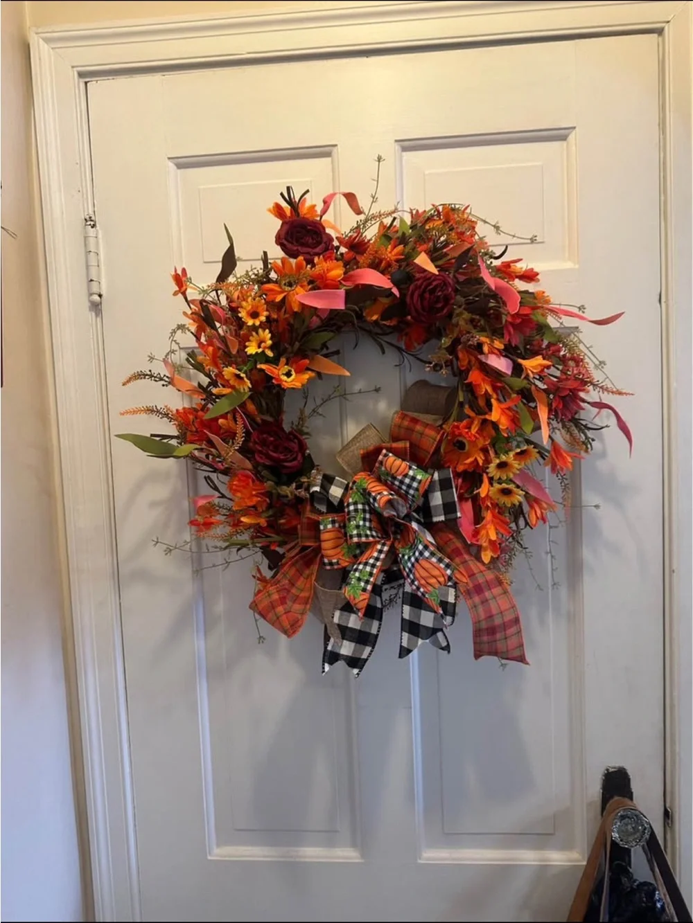 Fall Orange and Burgundy Holiday Wreath with Plaid Bow